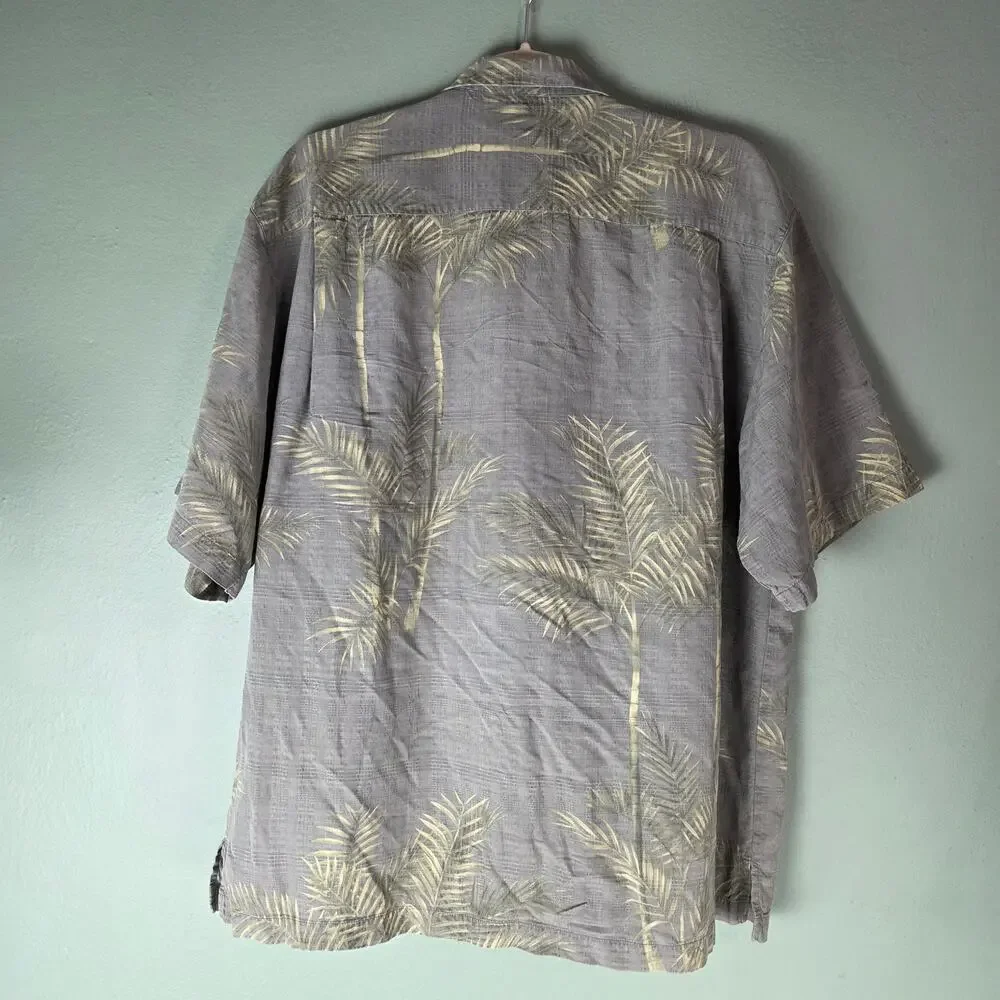 Tommy Bahama Mens Large Gray Silk Palm Tree Camp Short Sleeve Button Down Shirt
